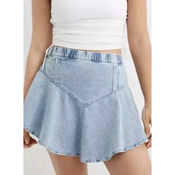 Aerie Denim Mini Skirt S Blue Find‎ Happy Everywhere Circle Jean Flare Beach NEW - Picture 8 of 8